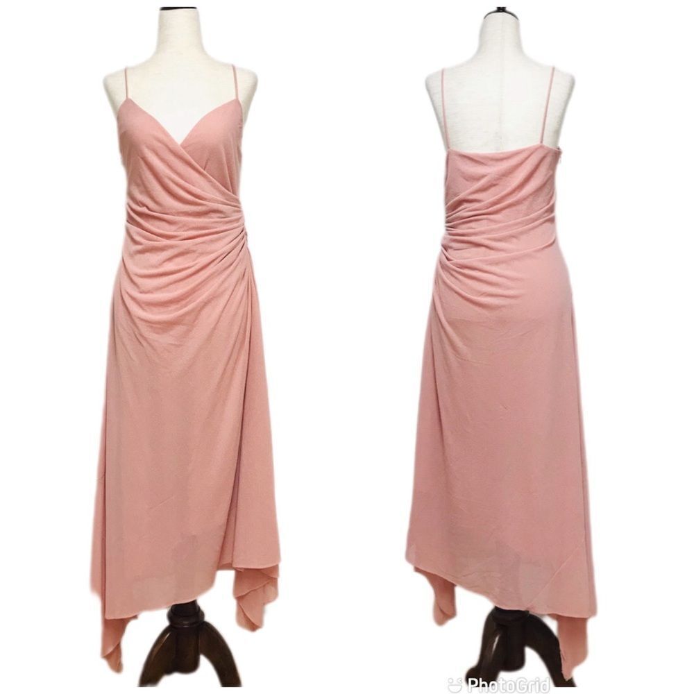 SHELLI SEGAL‎ Blush Pink Spaghetti Strap Cocktail Dress Sexy Ruched Long Size 8